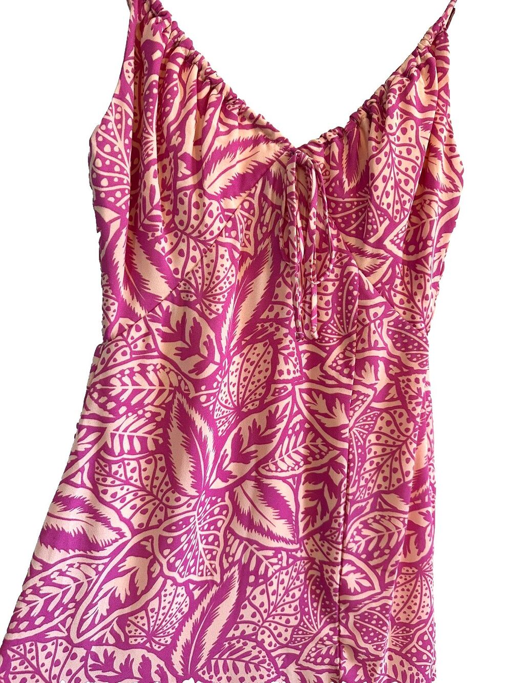 Printed Midi Dress Tropical Pink Vacation Sundress Milkmaid Deep V Beach Glam XS